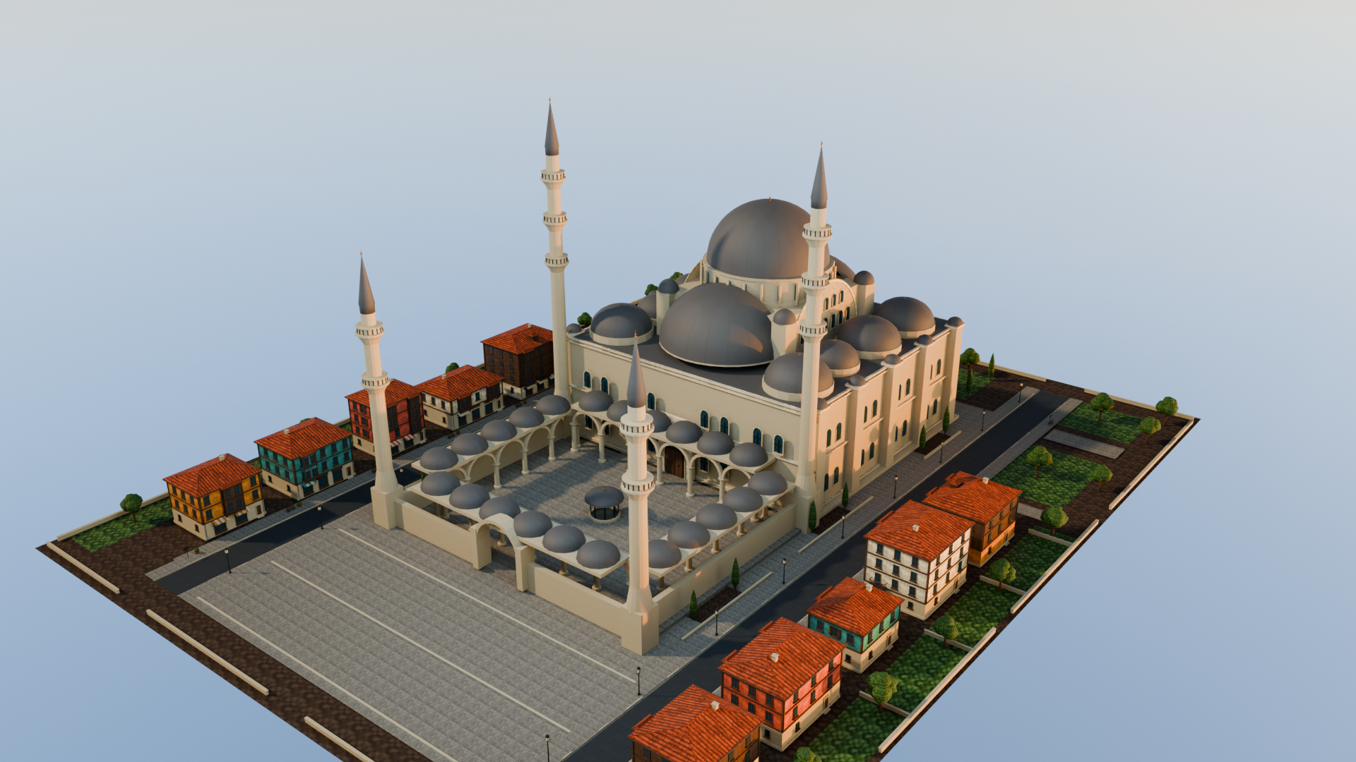 Rendered Süleymaniye-inspired mosque and Ottoman district